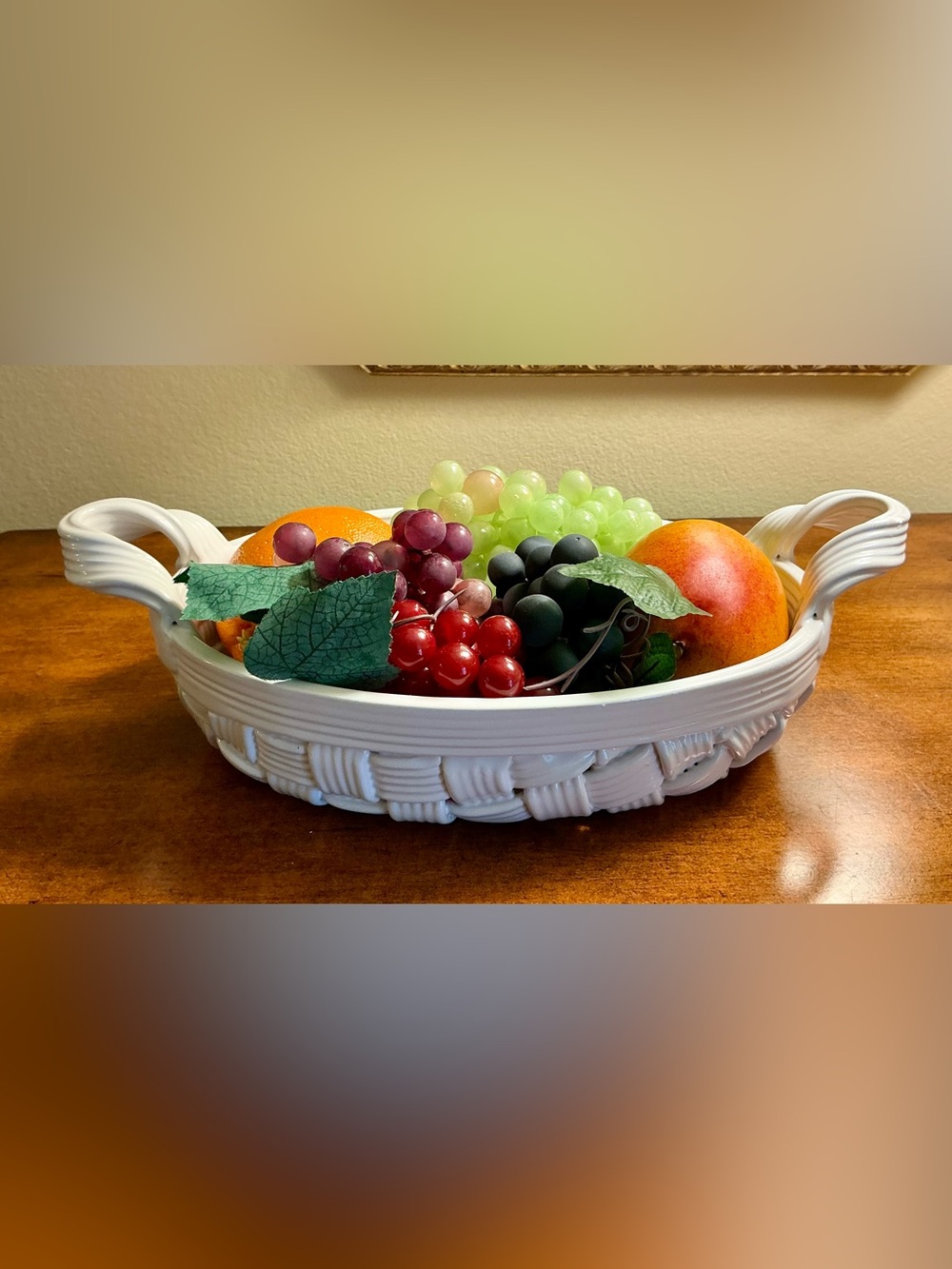 Vintage Italian Ceramic Woven Basket Bowl-White Lattice Bread Fruit Basket